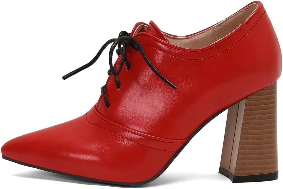 Women's Pointed Toe Chunky Stacked High Heels Pumps Shoes Lace Up Casual Comfort Work Office Dress Shoe