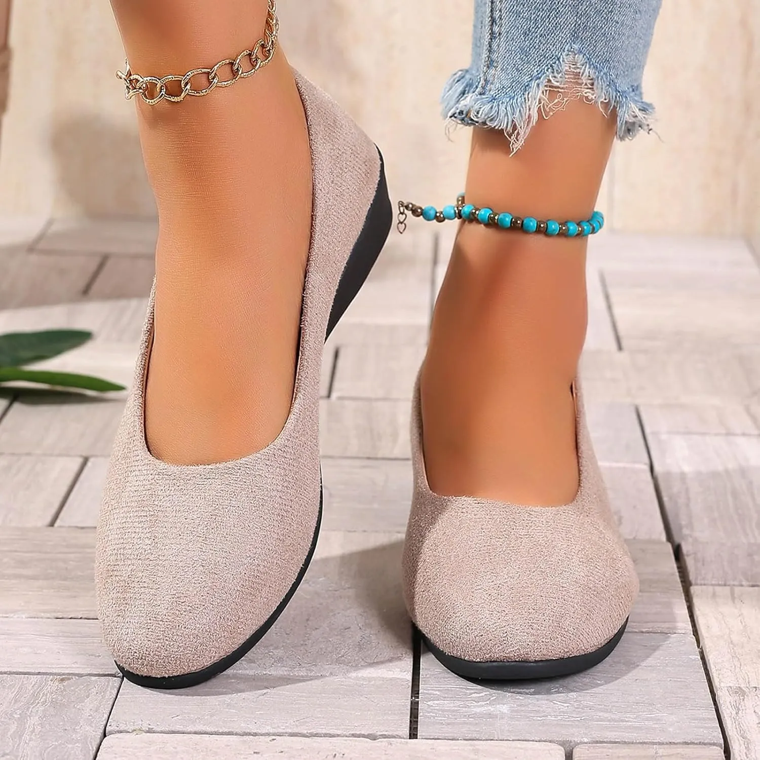 Women's Shoes Faux Suede Round Toe Ballet Dressy Comfortable Slip On Walking Shoes Summer Lady Sandal Heel