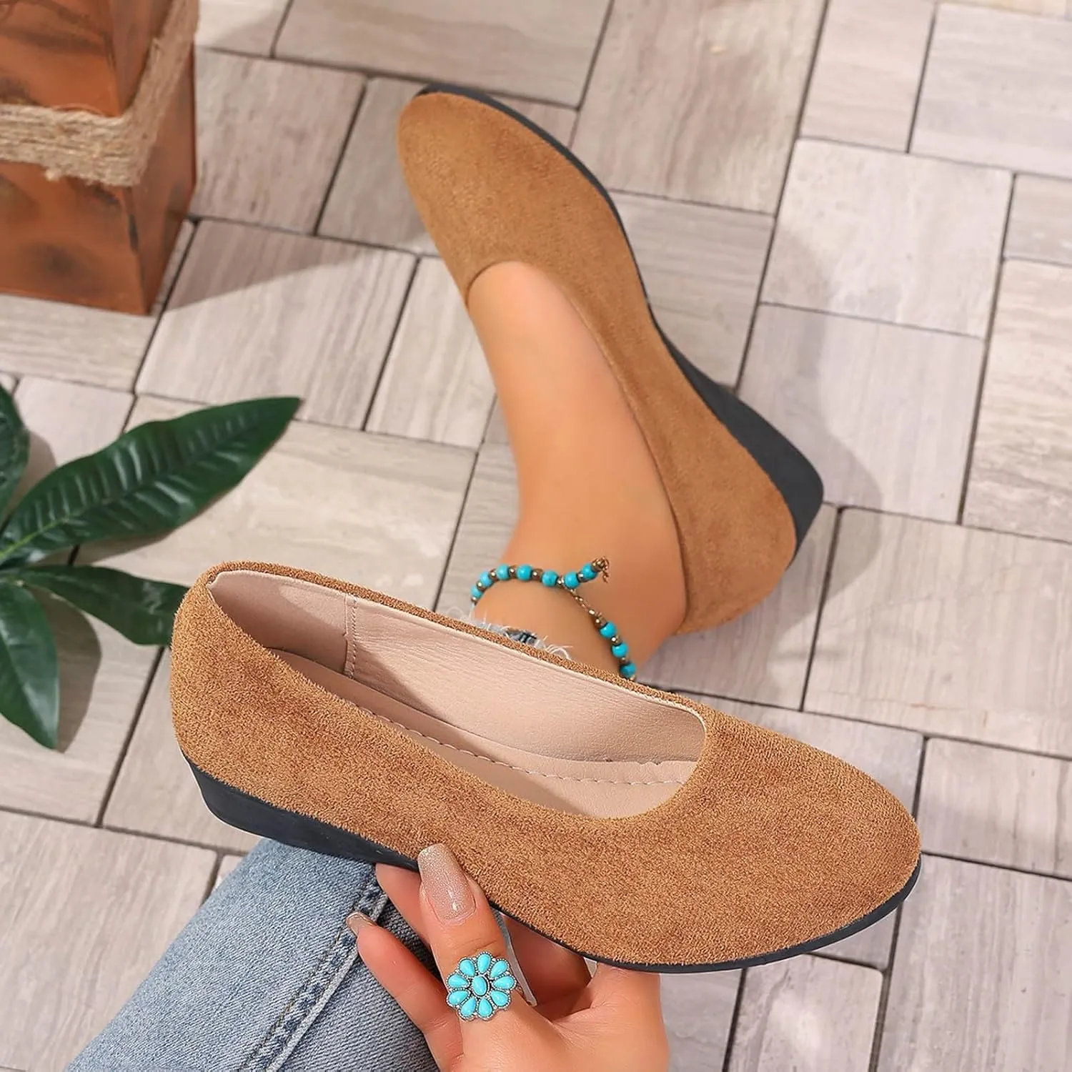 Women's Shoes Faux Suede Round Toe Ballet Dressy Comfortable Slip On Walking Shoes Summer Lady Sandal Heel