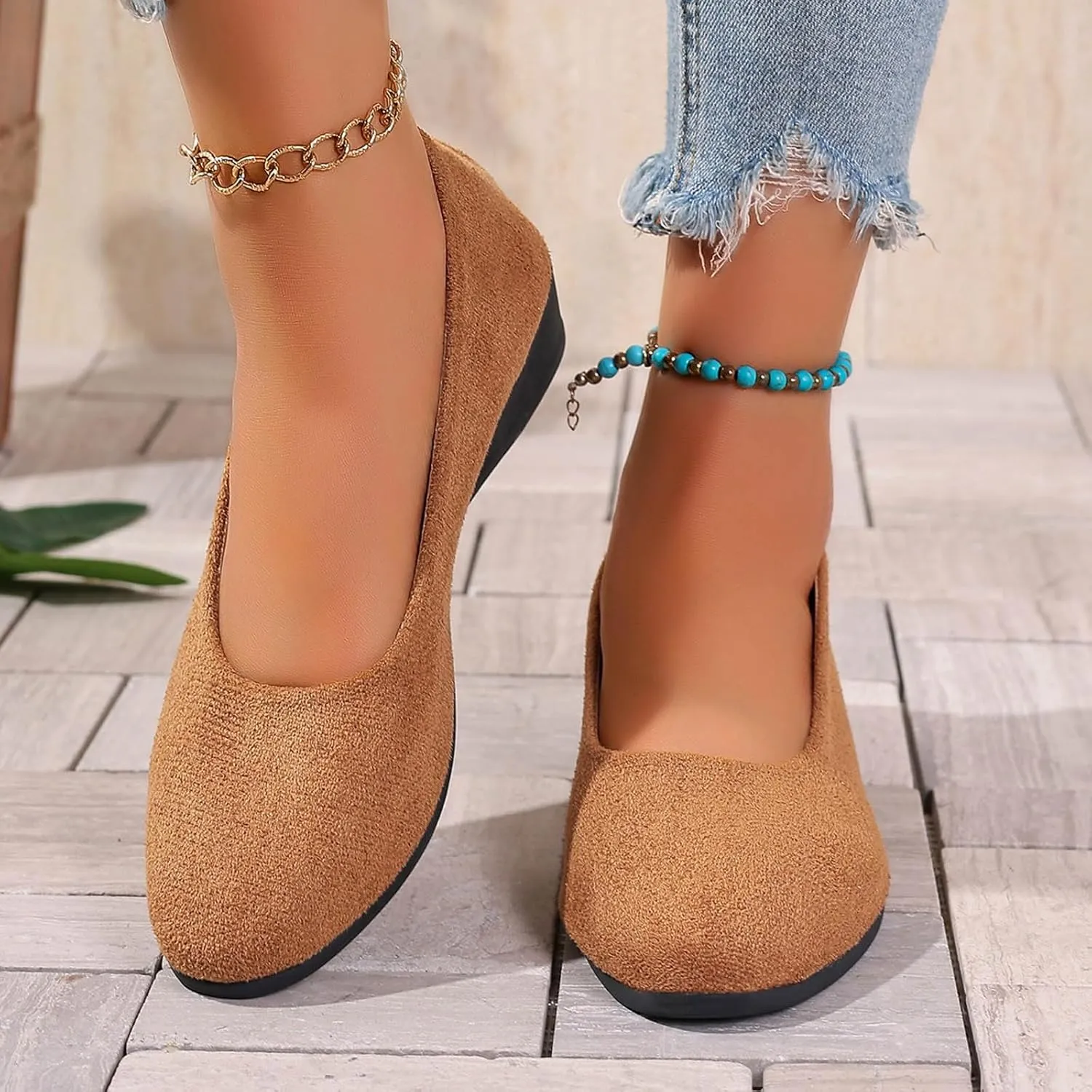 Women's Shoes Faux Suede Round Toe Ballet Dressy Comfortable Slip On Walking Shoes Summer Lady Sandal Heel