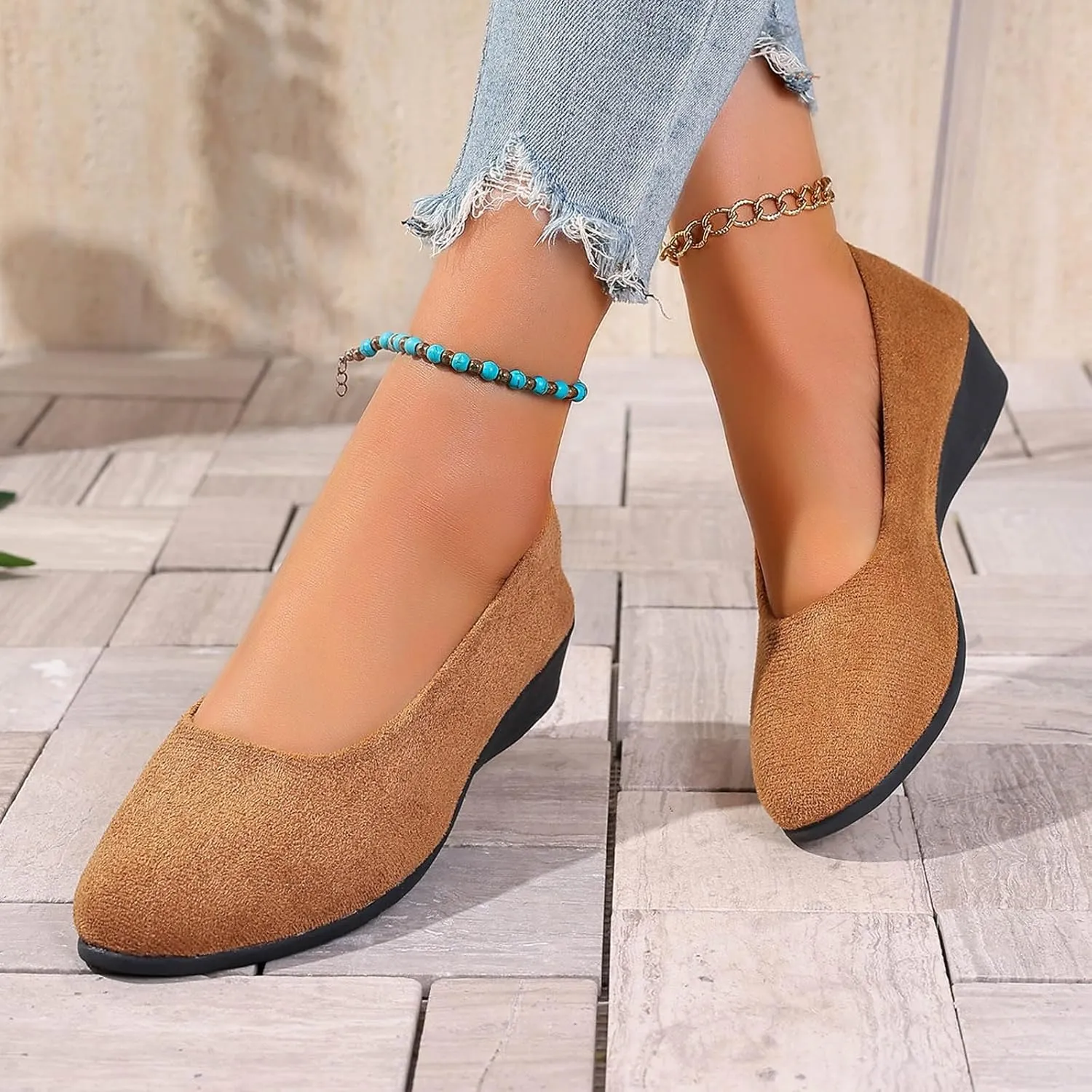 Women's Shoes Faux Suede Round Toe Ballet Dressy Comfortable Slip On Walking Shoes Summer Lady Sandal Heel