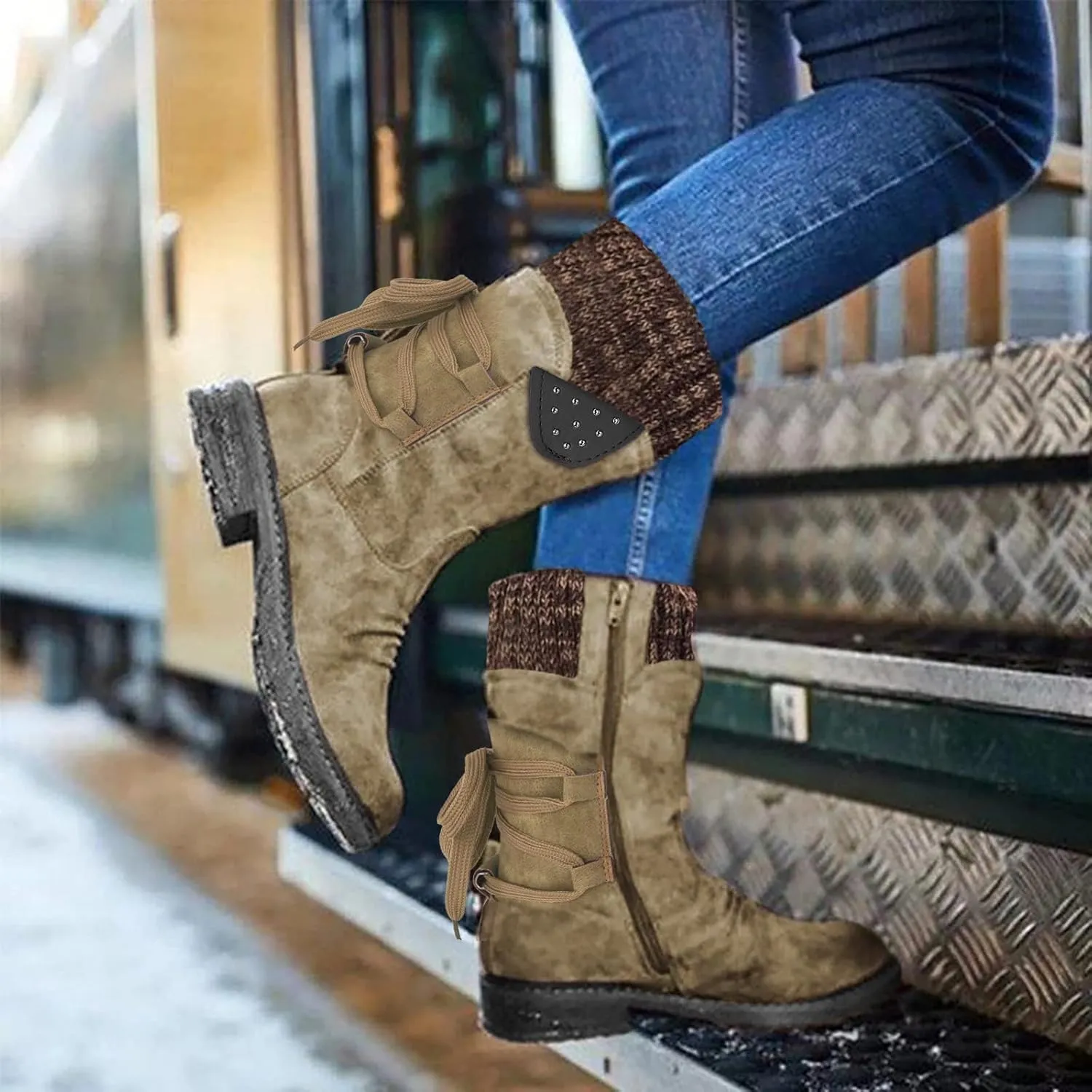Womens Snow Boots Knit Calf Waterproof Winter Boots Non-slip Fuzzy Fur Booties Lightweight Slip on Ankle Boots Comfortable Winter Shoes Trekking Shoes
