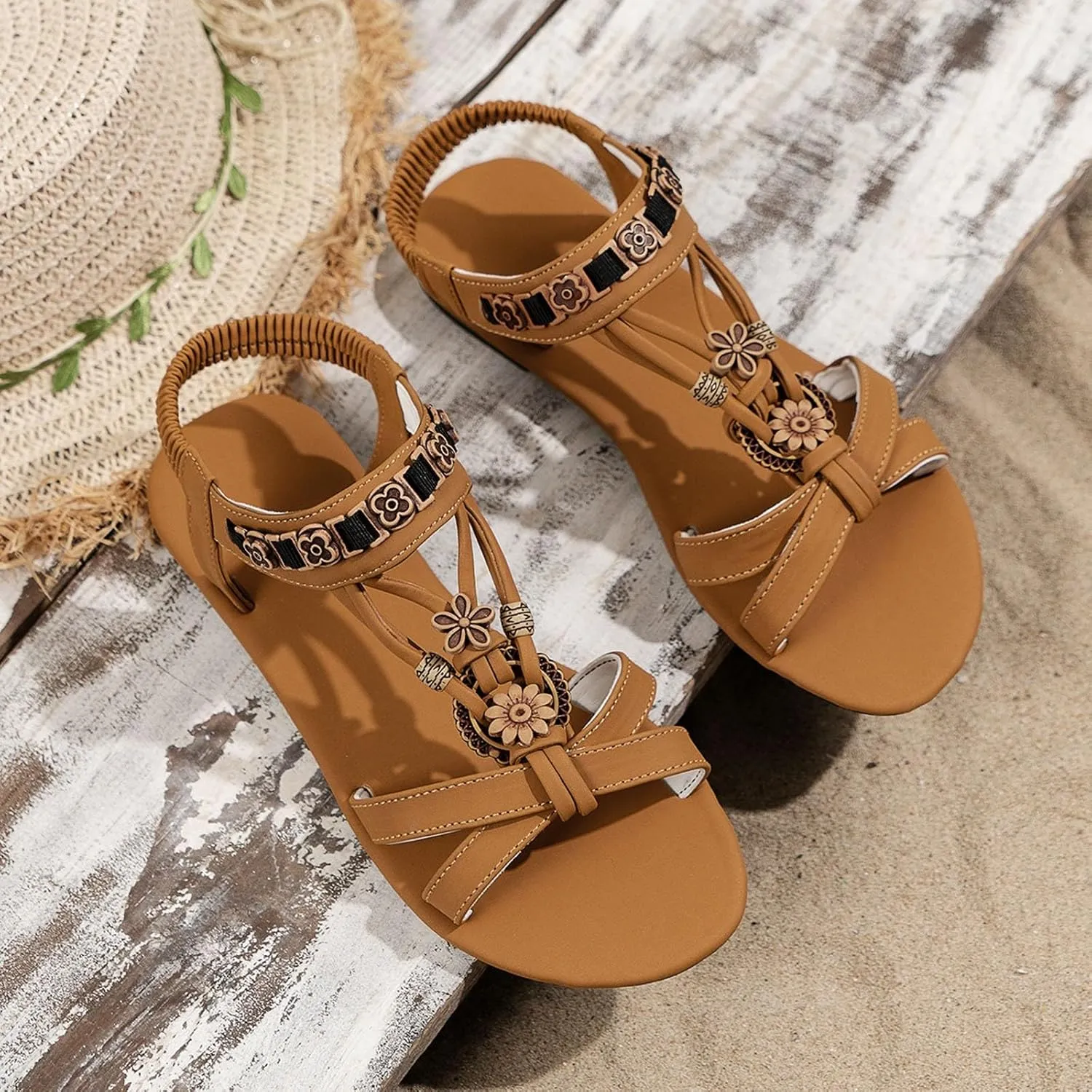 Women's Summer Sandals Comfortable Elastic Slip On Flat Bohemian Beach Walking Shoes for Casual Dressy Outfits