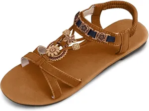 Women's Summer Sandals Comfortable Elastic Slip On Flat Bohemian Beach Walking Shoes for Casual Dressy Outfits