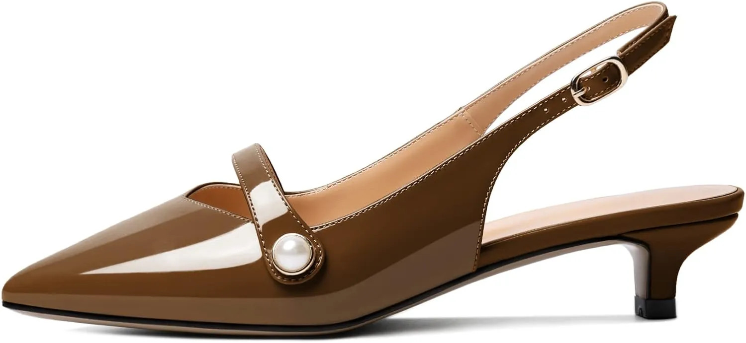 Zamikoo Kitten Heels for Women with Pearl Strap, Low Heel Slingback Sandals, Pointed Toe Dress Pumps Shoes for Work Office Casual 1.5 Inches