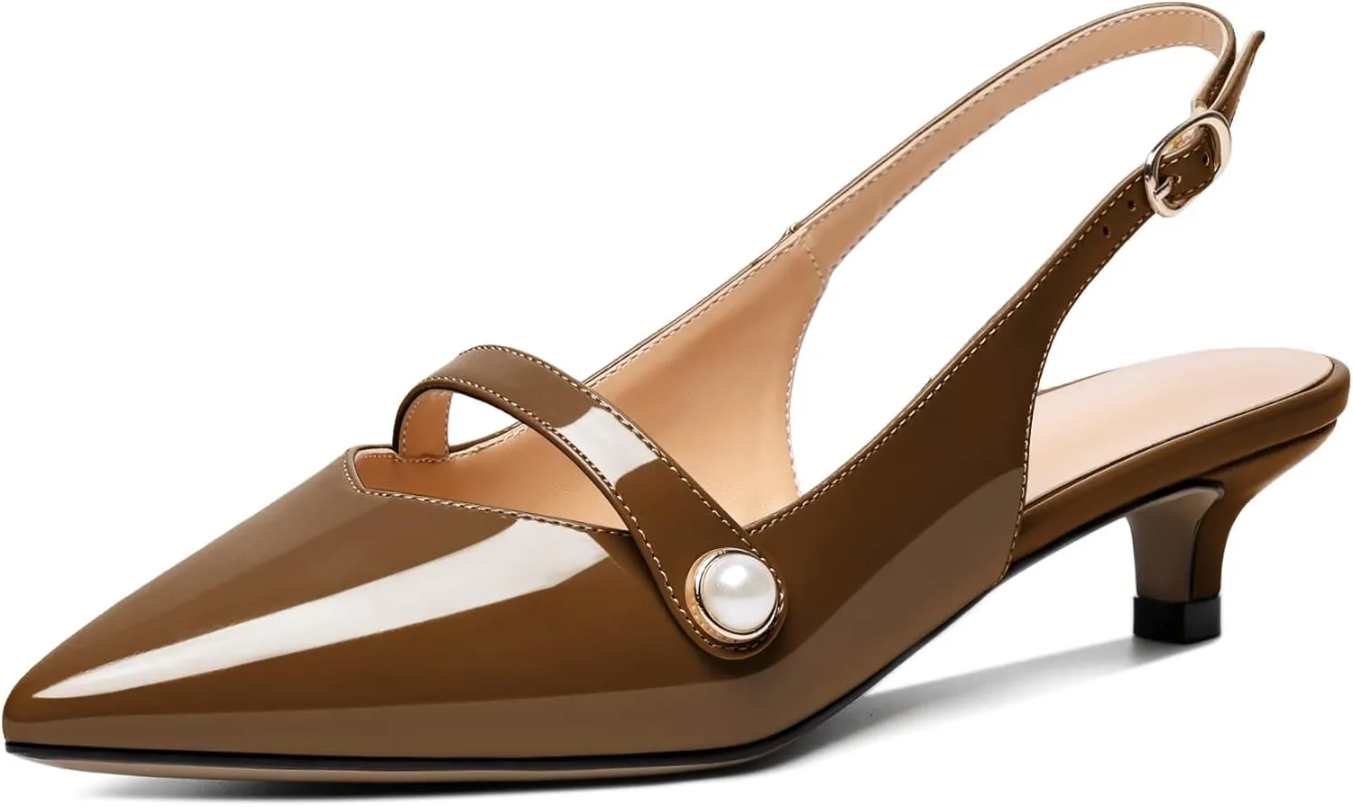 Zamikoo Kitten Heels for Women with Pearl Strap, Low Heel Slingback Sandals, Pointed Toe Dress Pumps Shoes for Work Office Casual 1.5 Inches