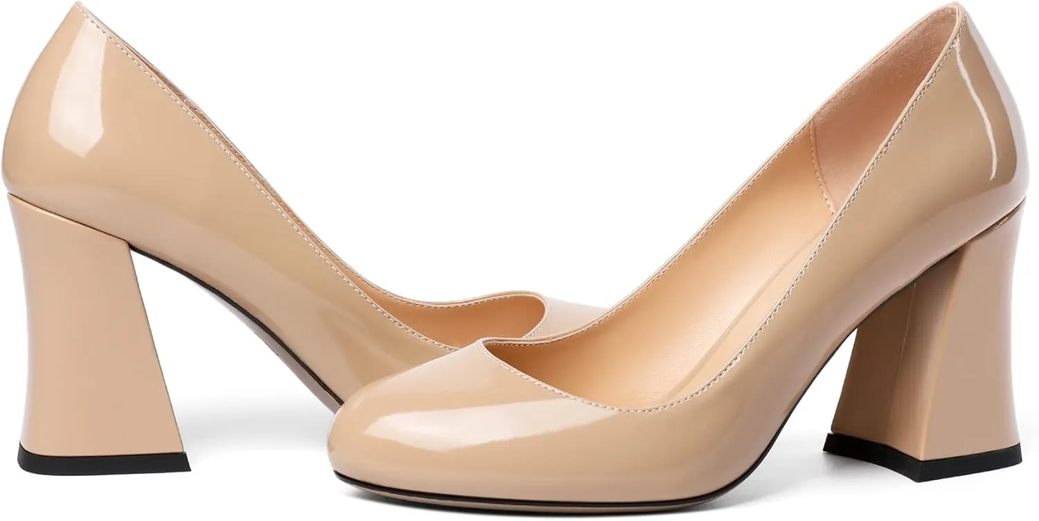 Zamikoo Women Chunky Heel Pumps Block High Heel Slip On Closed Round Toe Dress Pumps for Work Casual Daily Life Party Dress